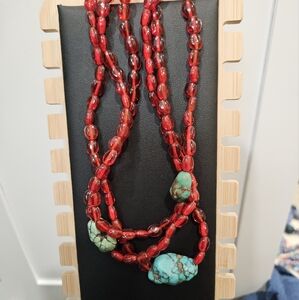 Elegant Red and Turquoise Beaded Necklace